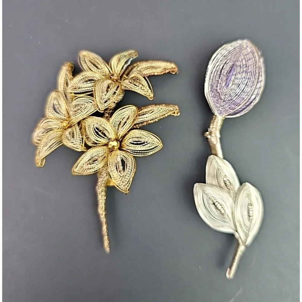 Vintage Wire Work Filigree Floral Brooches Two Different Styles Silver Gold Tone